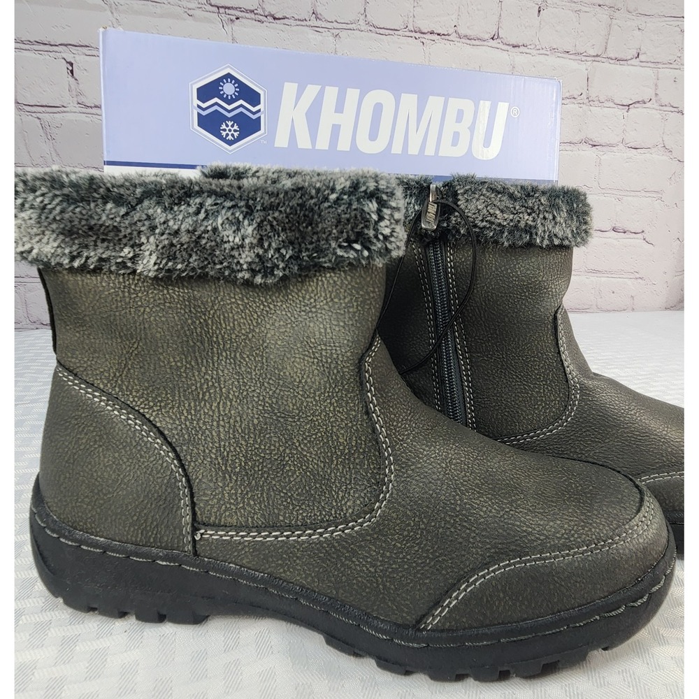 Khombu Winter Snow Boots Womens 8 Addison Gray Faux Leather Round Faux Fur Zip